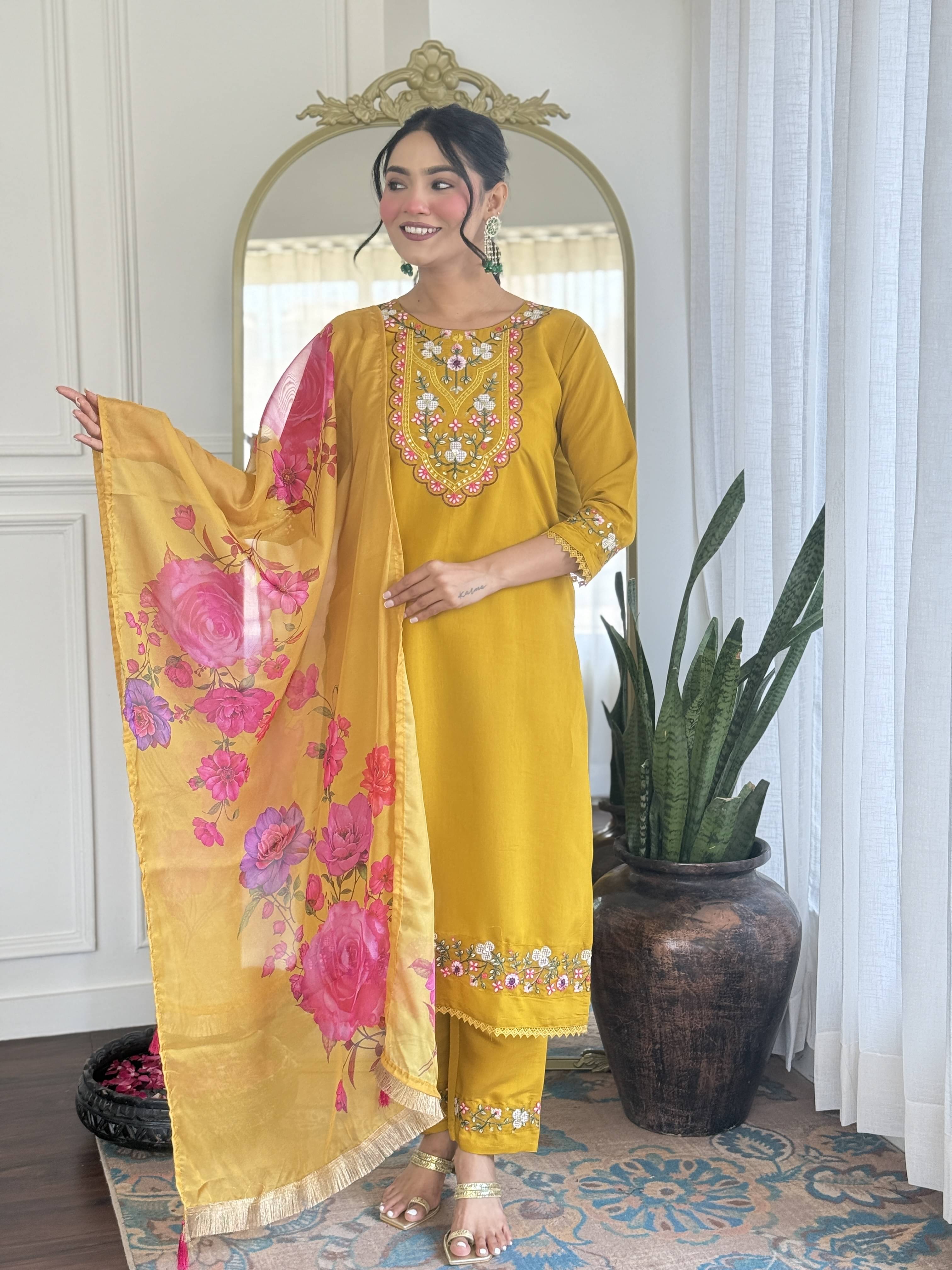     			Krisio Women Chanderi Silk Embroidered Straight Kurti With Pants ( Mustard )