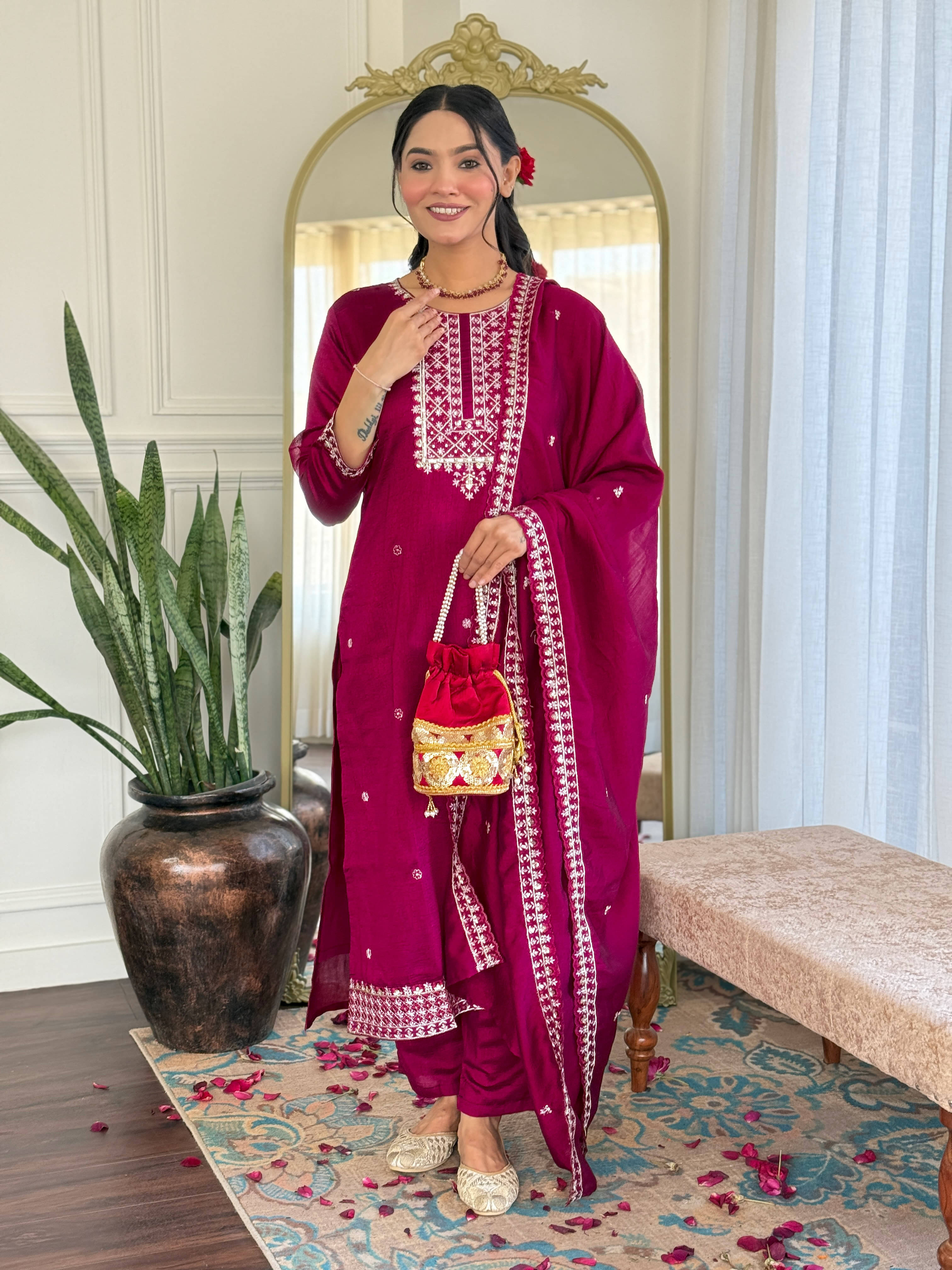     			Krisio Women Silk Blend Embroidered Straight Kurti With Pants ( Purple )