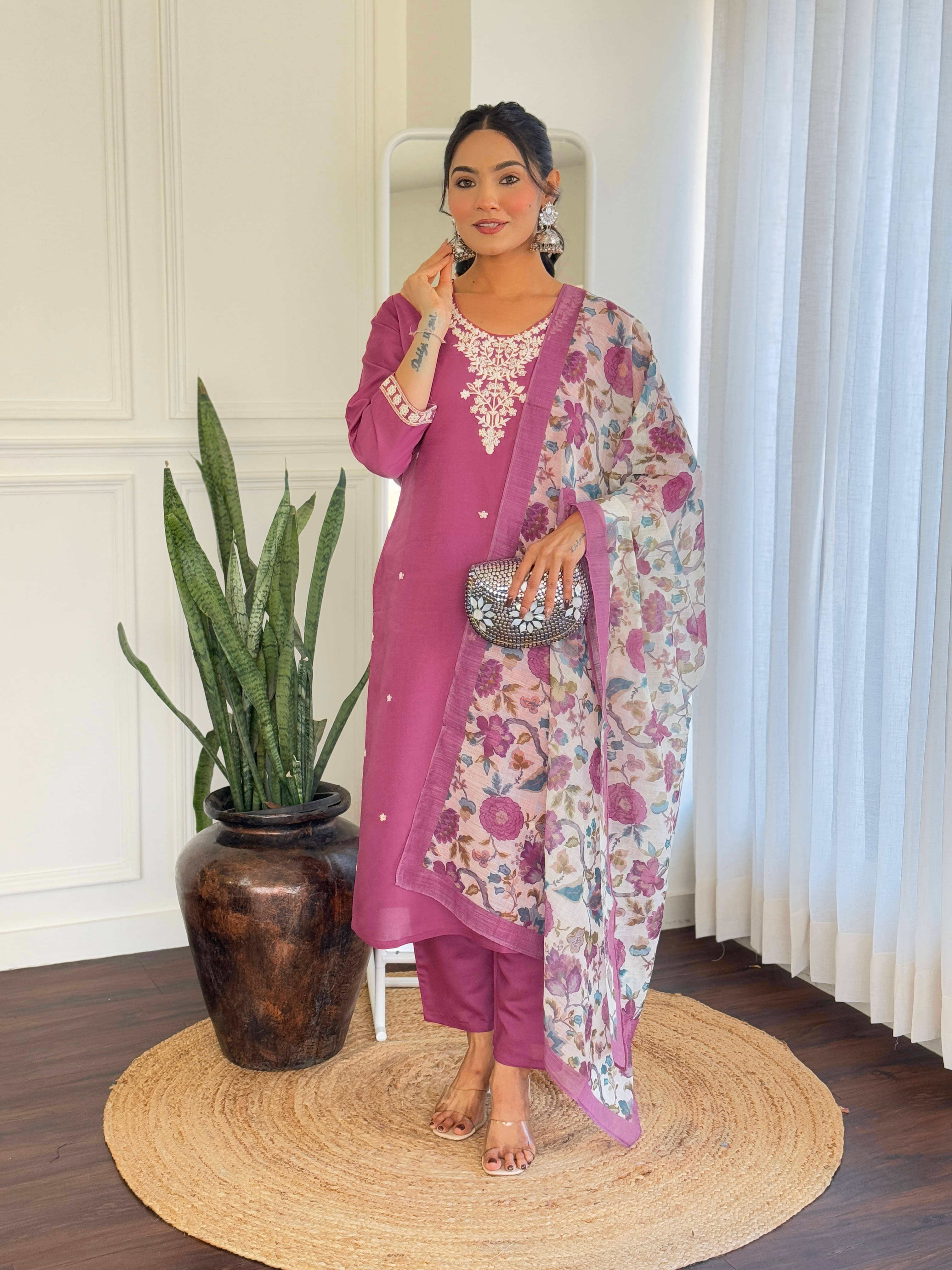 Krisio Women Silk Blend Embroidered Straight Kurti With Pants ( Pink ) Krisio Women Silk Blend Embroidered Straight Kurti With Pants ( Pink )