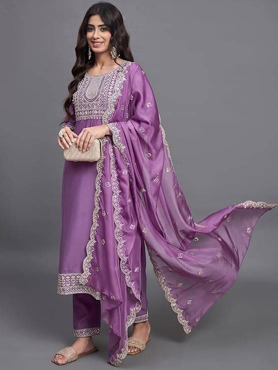     			Krisio Women Silk Blend Embroidered Straight Kurti With Pants ( Purple )