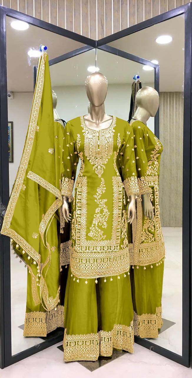     			Krisio Women Silk Blend Embroidered Straight Kurti With Palazzo ( Lemon Yellow )