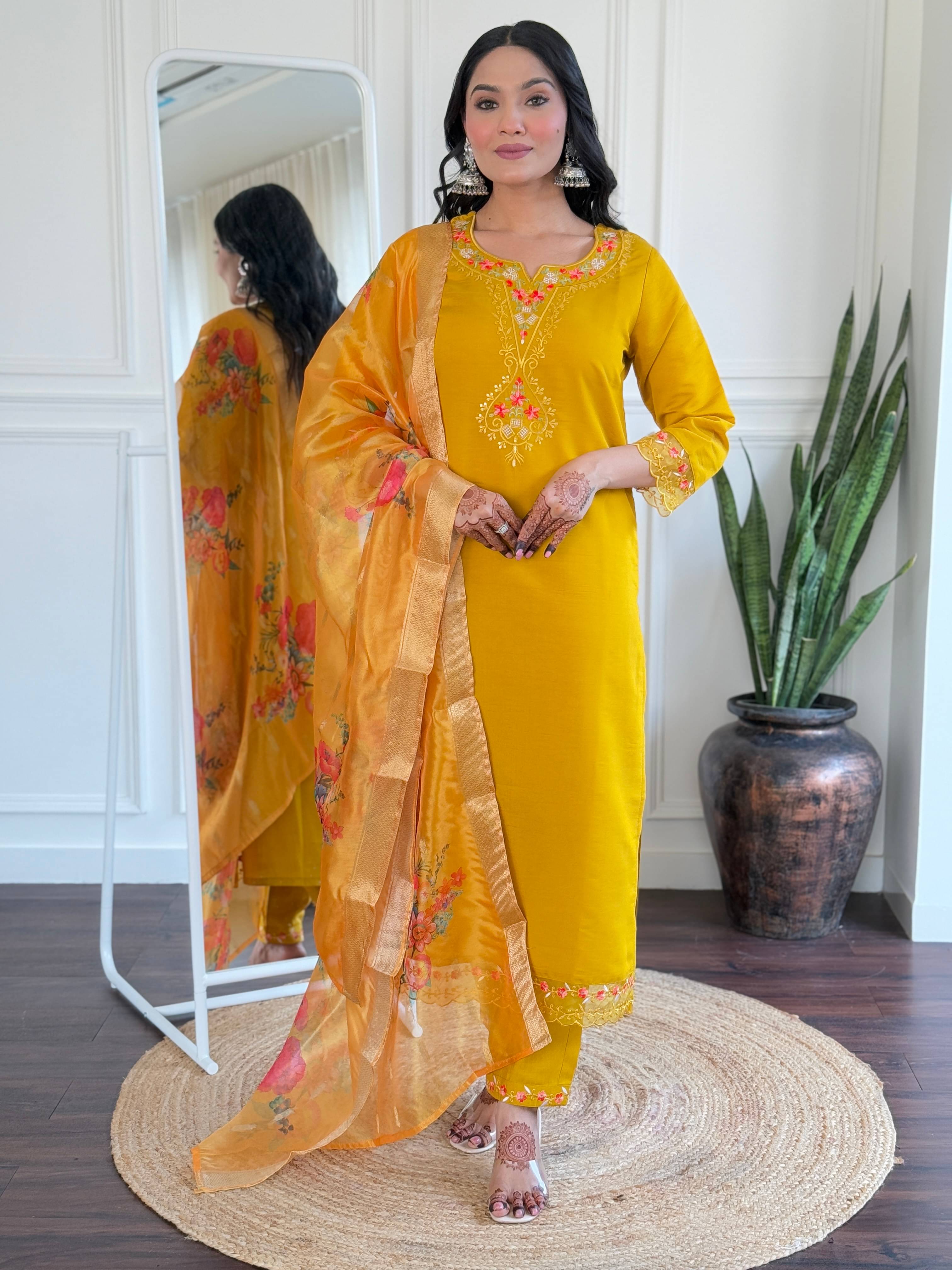    			Krisio Women Silk Blend Embroidered Straight Kurti With Pants ( Mustard )