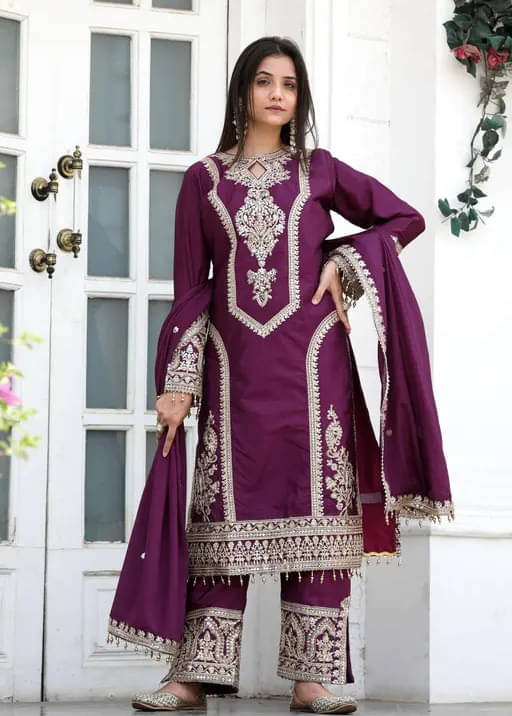     			Krisio Women Silk Blend Embroidered Straight Kurti With Pants ( Purple )
