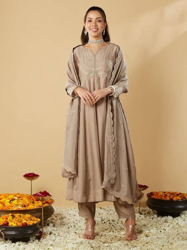    			Krisio Women Silk Blend Embroidered Straight Kurti With Pants ( Brown )