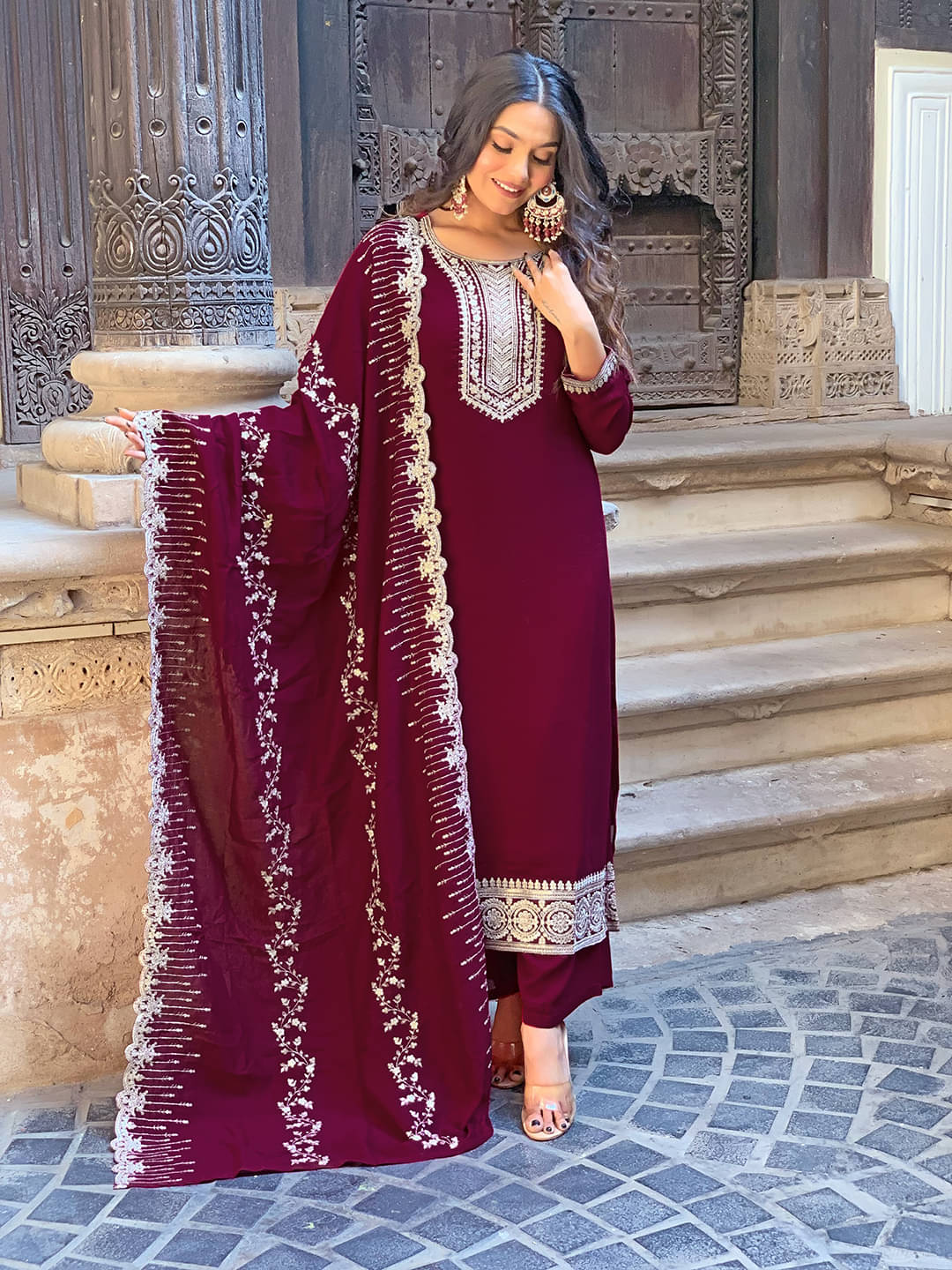     			Krisio Women Silk Blend Embroidered Straight Kurti With Pants ( Purple )