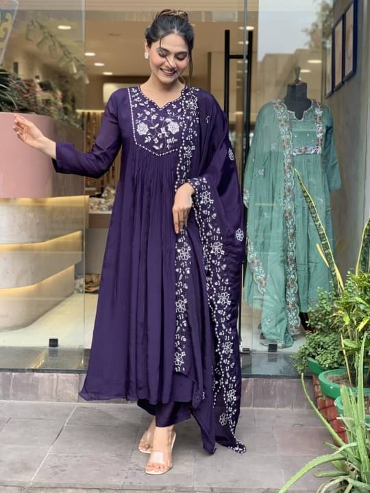     			Krisio Women Silk Embroidered Straight Kurti With Pants ( Purple )
