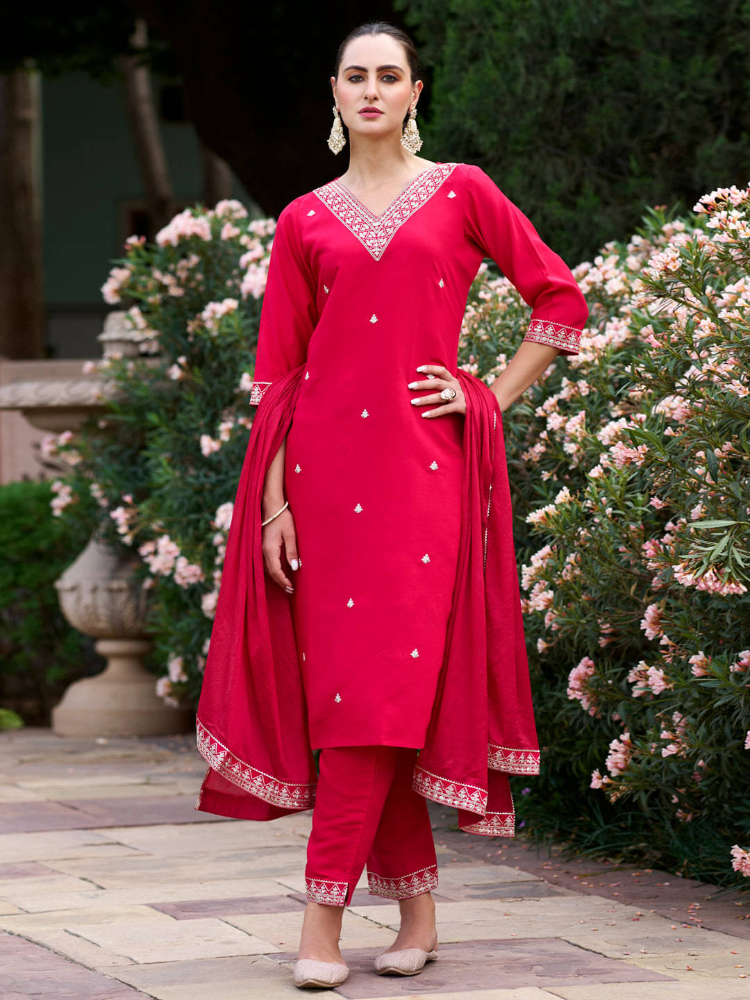     			Krisio Women Viscose Embroidered Straight Kurti With Pants ( Pink )