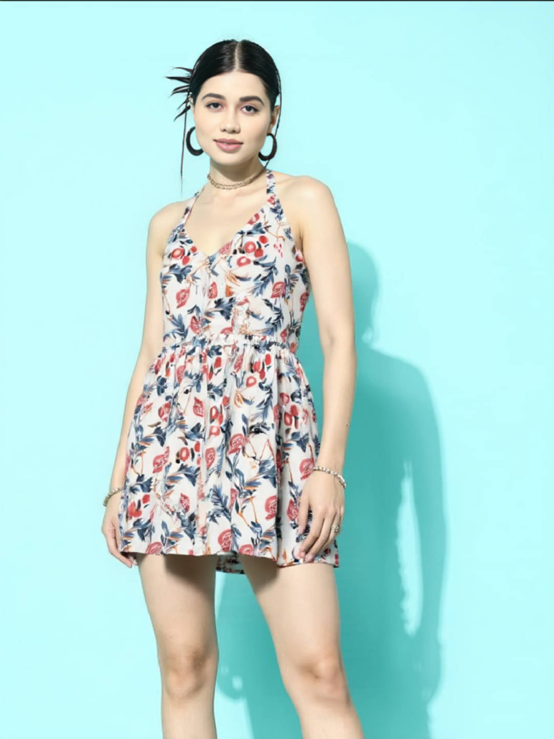     			MAYKR Women's Cotton Printed Fit & Flare Dress ( White )
