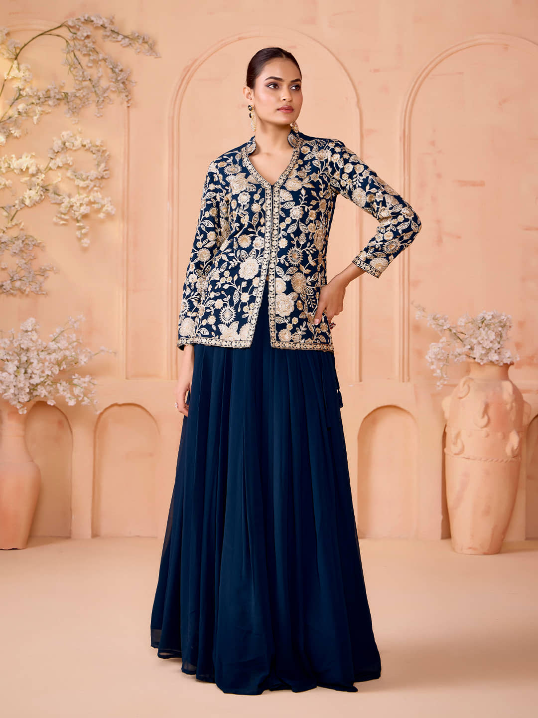 Madhuram Textiles Women Georgette Embroidered Straight Kurti With Sharara And Gharara ( Navy )
