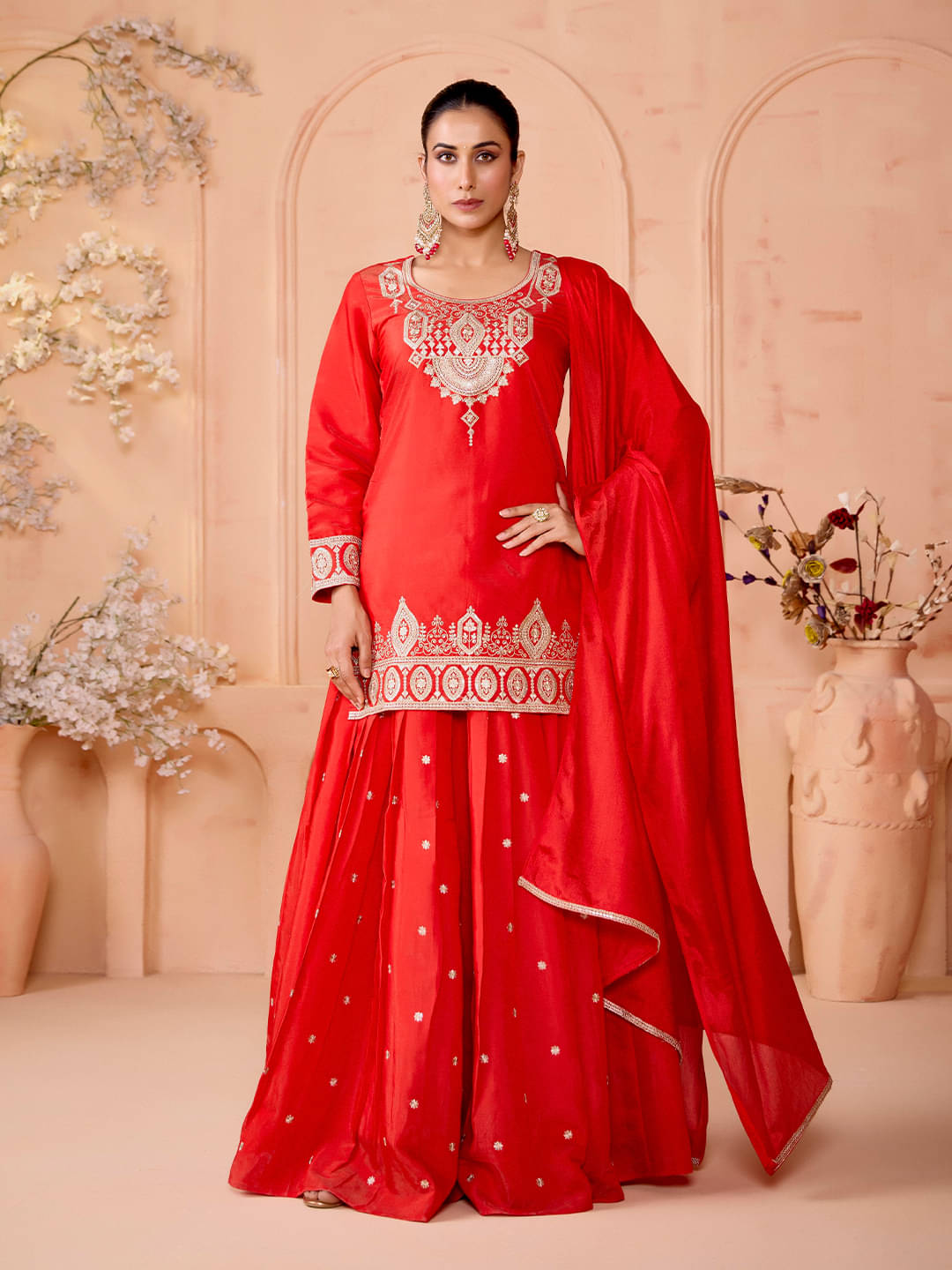     			Madhuram Textiles Women Polyester Embroidered Straight Kurti With Sharara And Gharara ( Red )