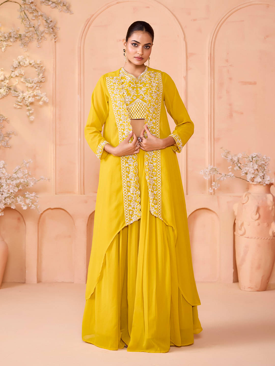     			Madhuram Textiles Yellow Georgette Circular Stitched Lehenga