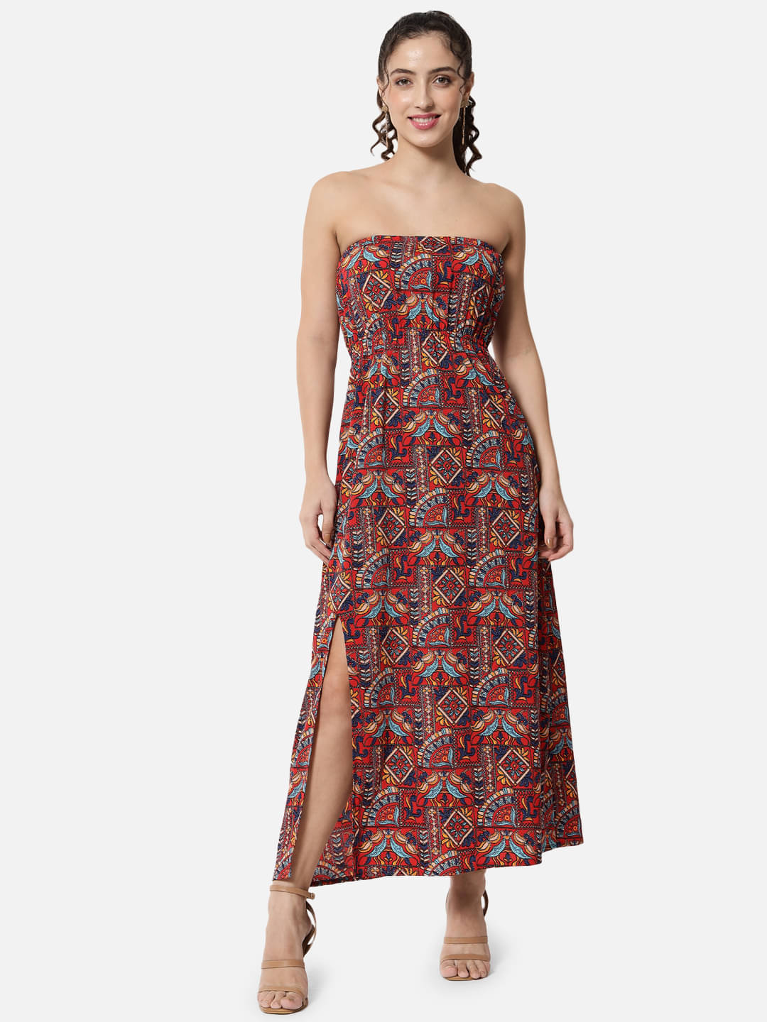     			OTIRA Women's Crepe Printed Side Slit Dress ( Multicolor )