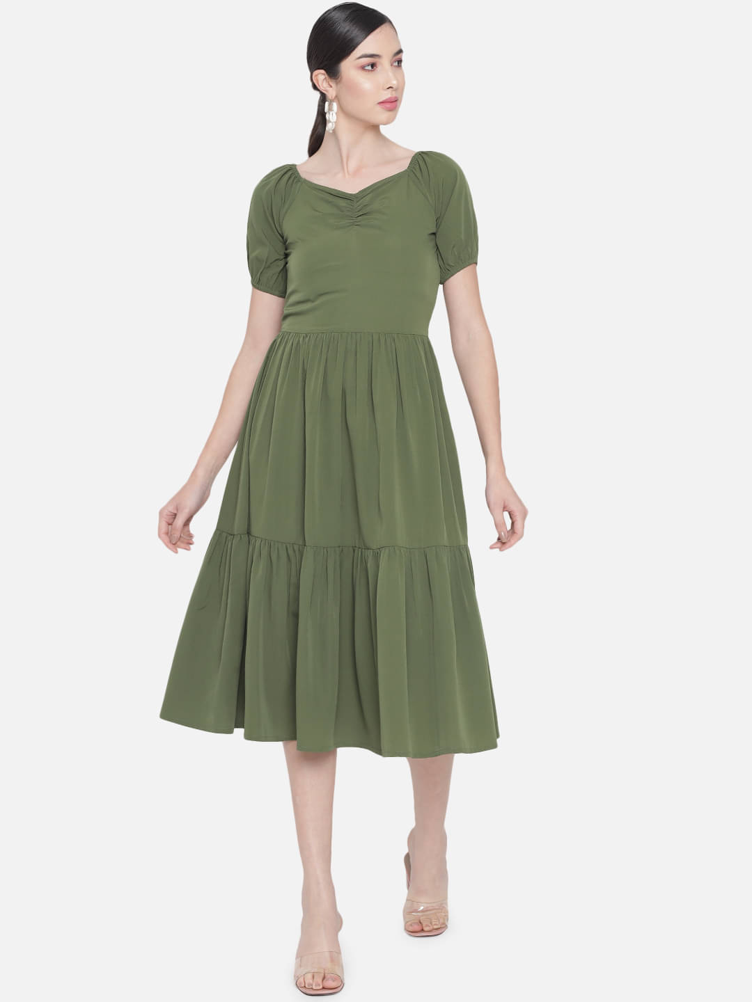     			OTIRA Women's Crepe Solid A-line Dress ( Olive )