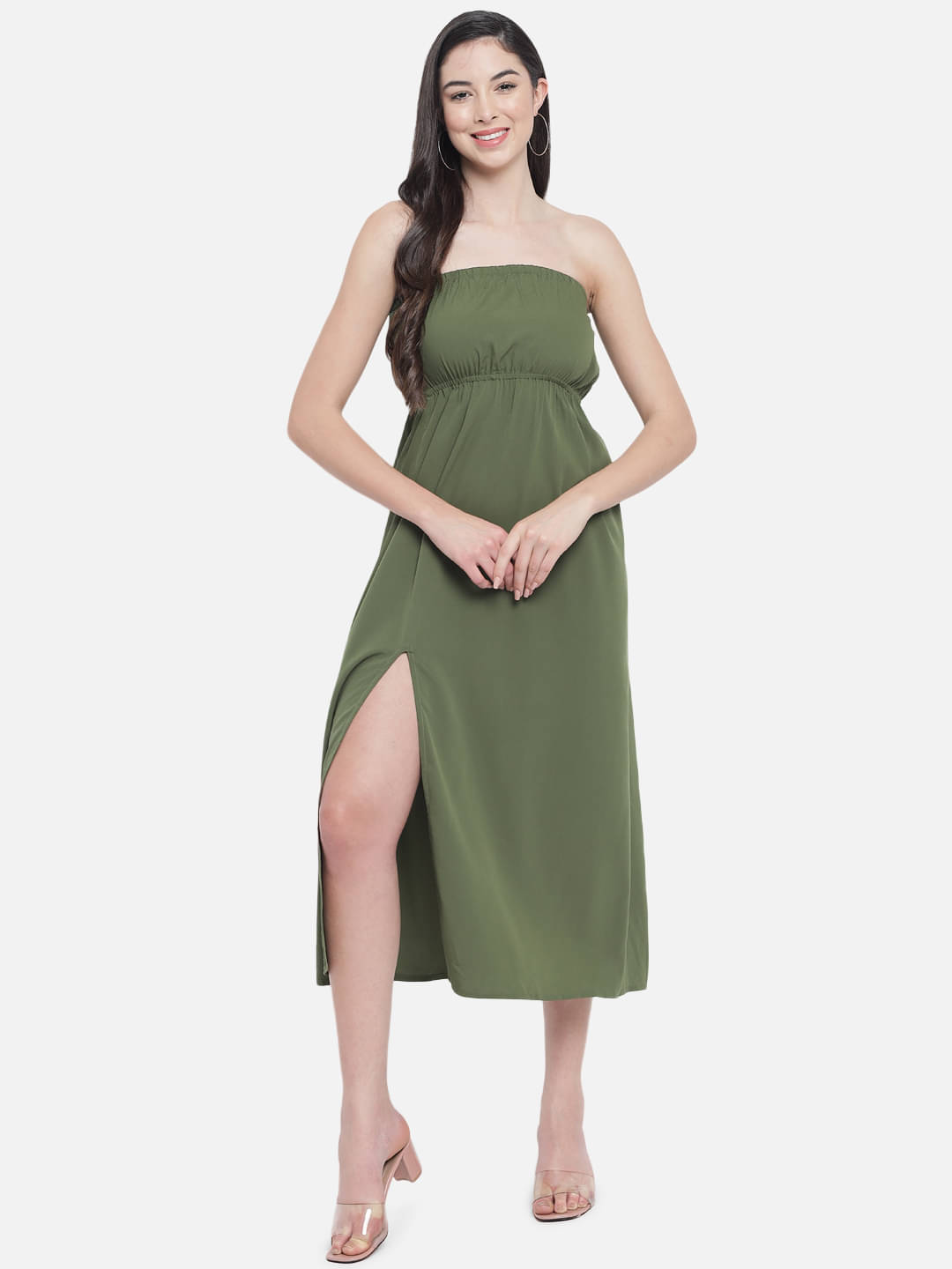 OTIRA Women's Crepe Solid Side Slit Dress ( Green ) OTIRA Women's Crepe Solid Side Slit Dress ( Green )