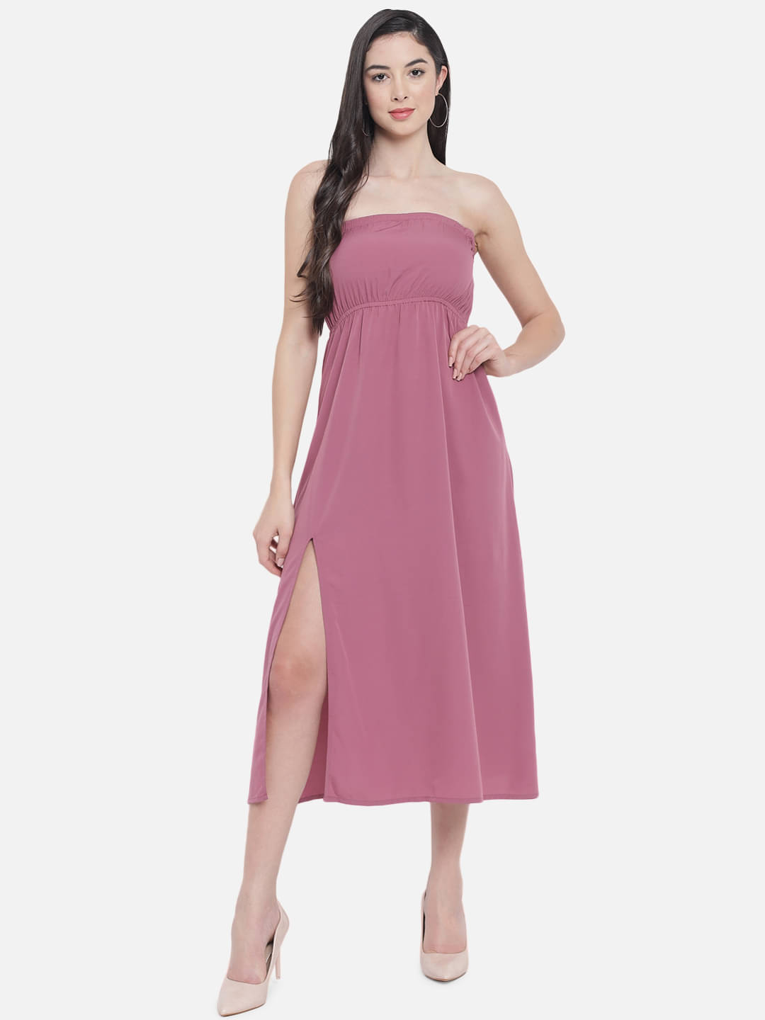 OTIRA Women's Crepe Solid Side Slit Dress ( Pink ) OTIRA Women's Crepe Solid Side Slit Dress ( Pink )