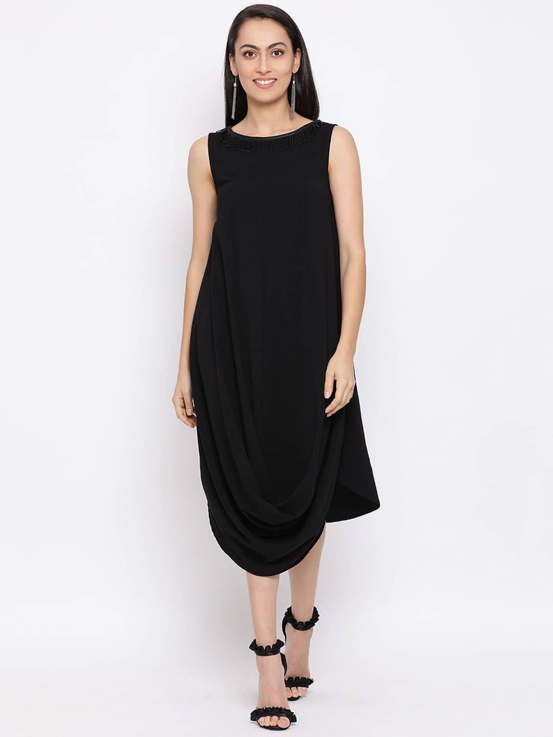     			OTIRA Women's Crepe Solid Shift Dress ( Black )