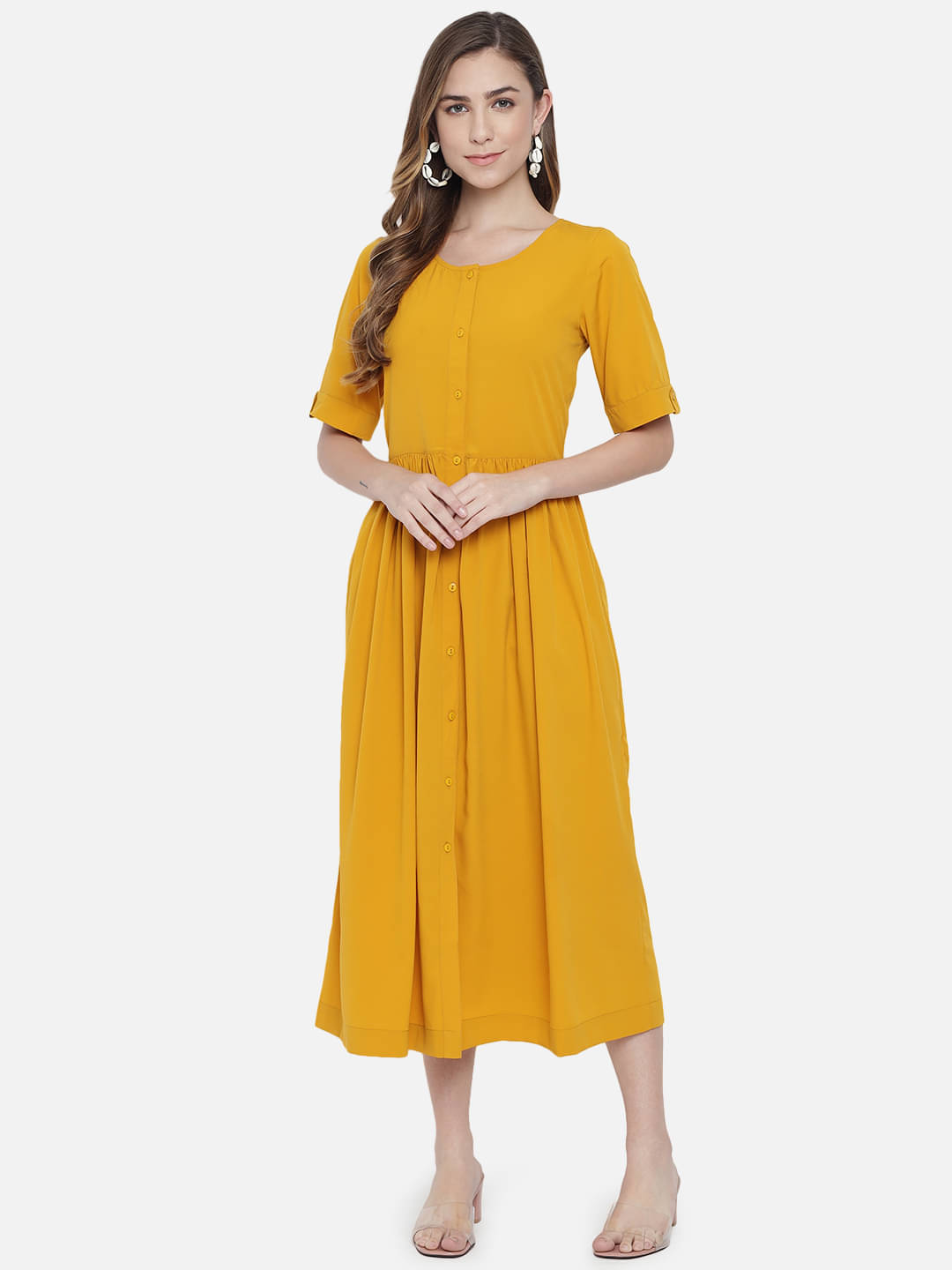 OTIRA Women's Crepe Solid A-line Dress ( Yellow ) OTIRA Women's Crepe Solid A-line Dress ( Yellow )