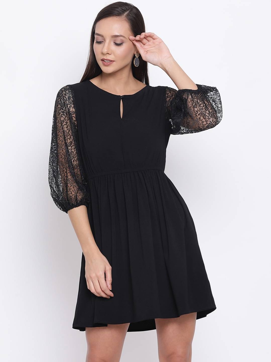     			OTIRA Women's Crepe Solid A-line Dress ( Black )
