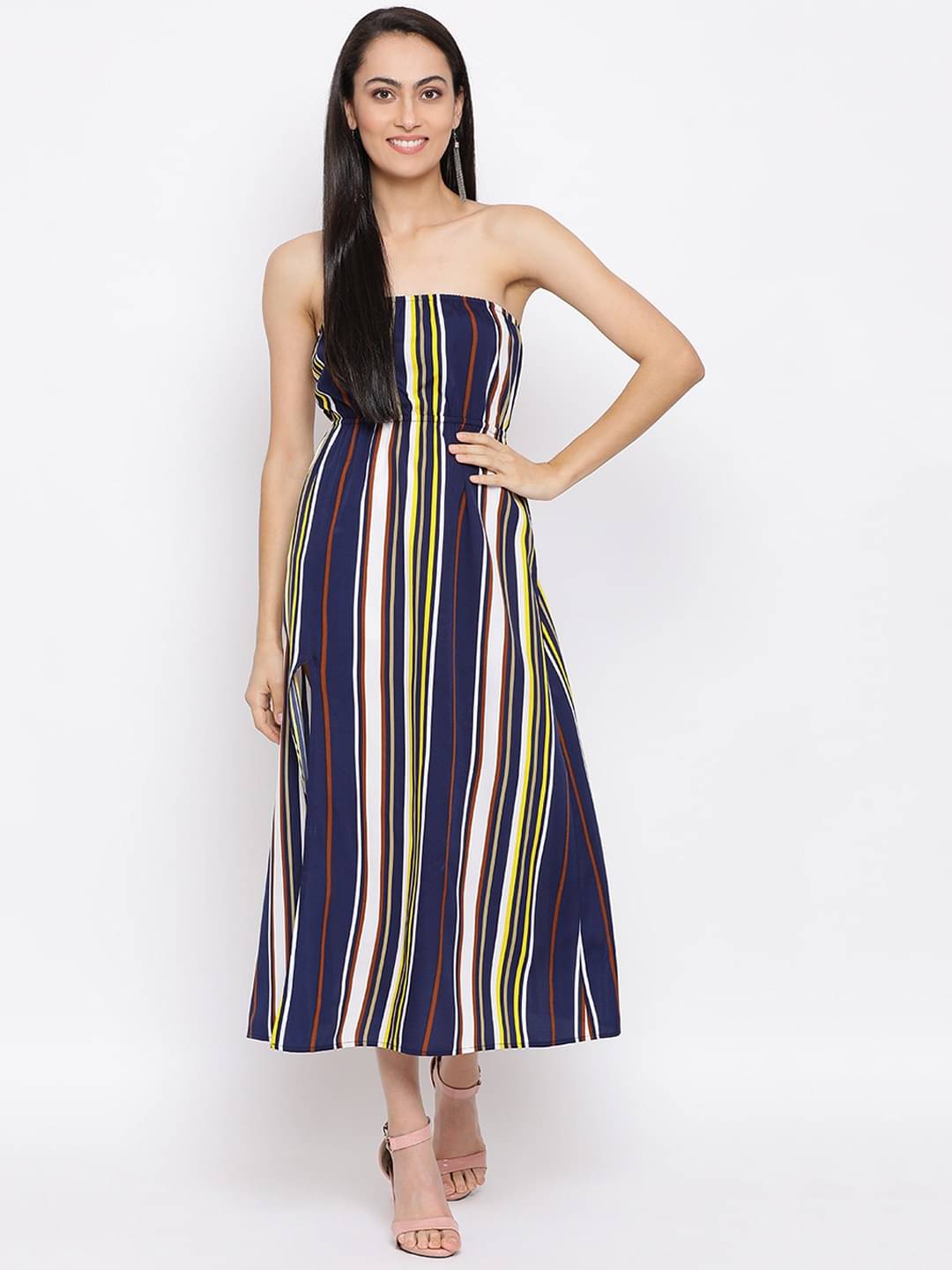 OTIRA Women's Crepe Striped Side Slit Dress ( Multicolor ) OTIRA Women's Crepe Striped Side Slit Dress ( Multicolor )