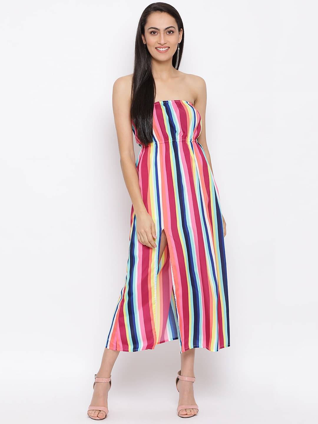     			OTIRA Women's Crepe Striped Side Slit Dress ( Multicolor )