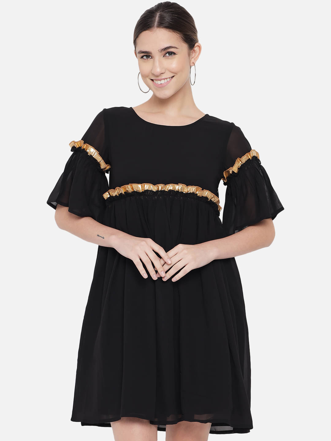OTIRA Women's Georgette Solid A-line Dress ( Black ) OTIRA Women's Georgette Solid A-line Dress ( Black )