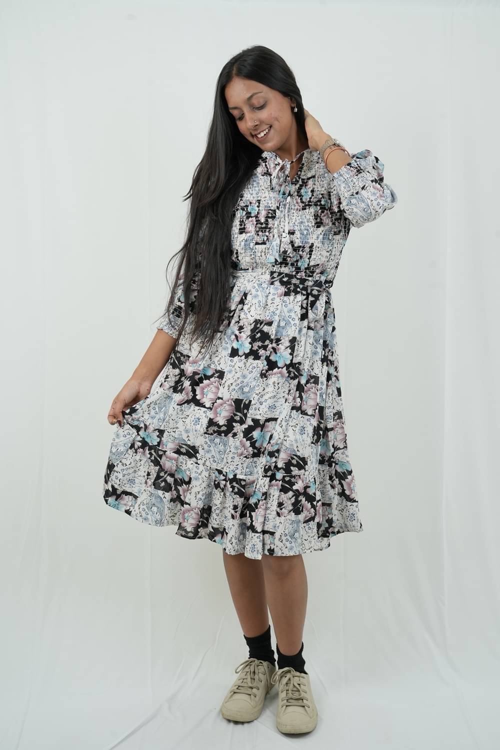    			Ridaa Women's Georgette Printed Fit & Flare Dress ( Black )