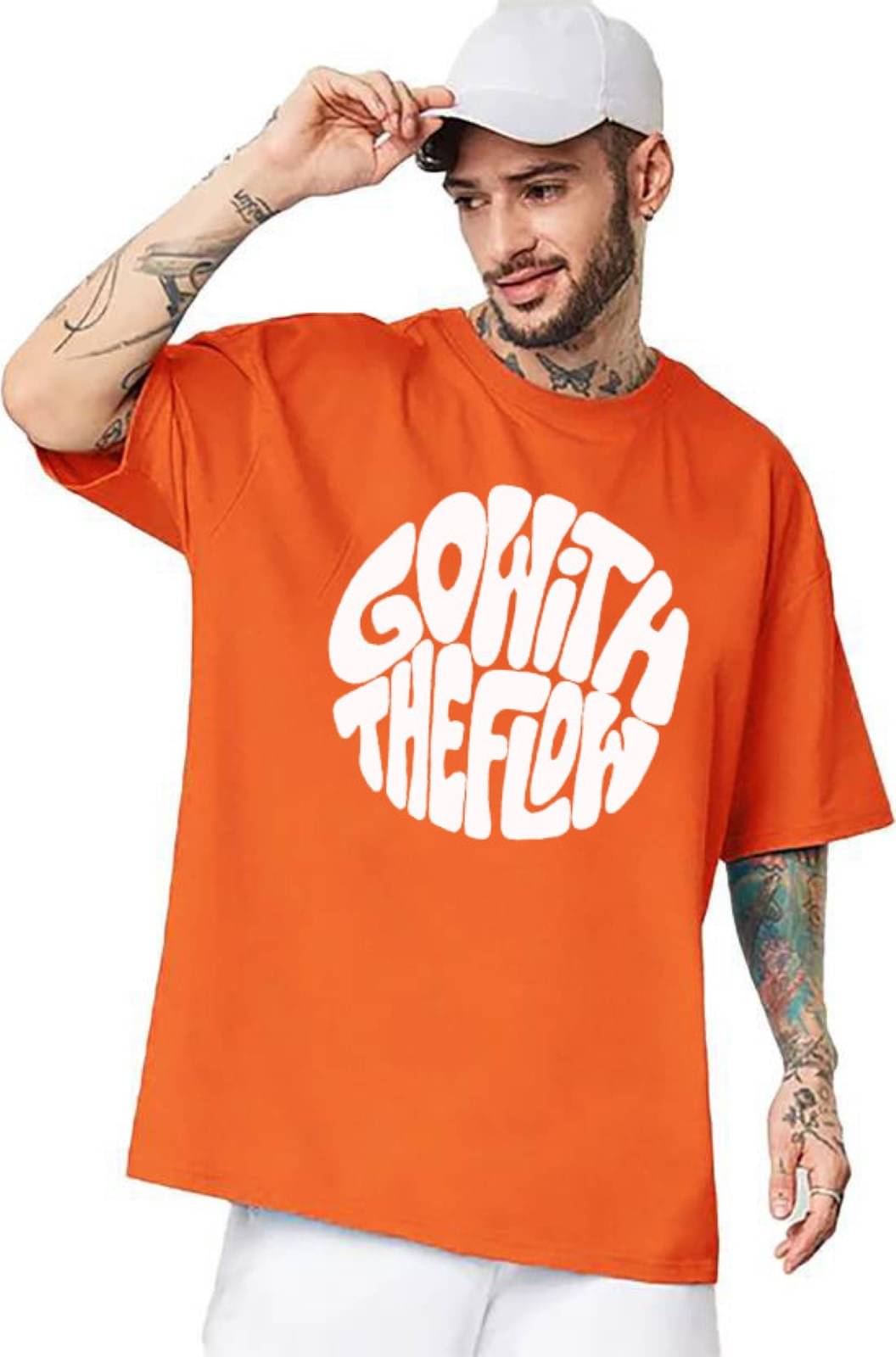 RodZen Men Cotton Blend Oversized Fit Printed T-Shirt ( Orange )     			RodZen Men Cotton Blend Oversized Fit Printed T-Shirt ( Orange )