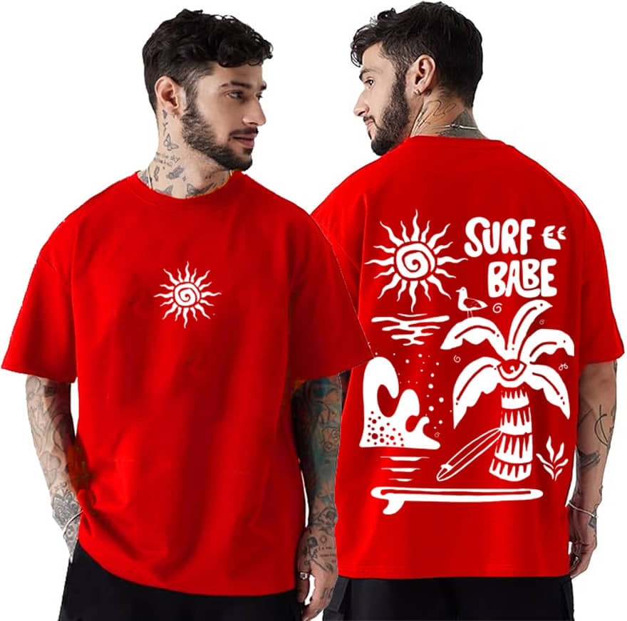 RodZen Men Cotton Blend Oversized Fit Printed T-Shirt ( Red )