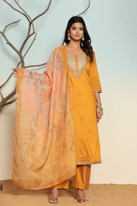     			SUAAC Women Silk Blend Embellished Straight Kurti With Palazzo ( Yellow )