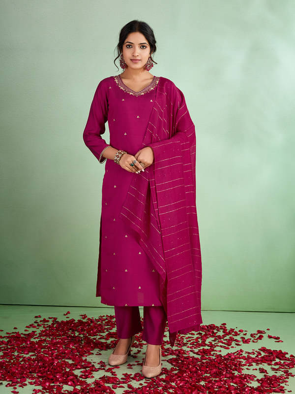 SUAAC Women Silk Blend Embellished Straight Kurti With Pants ( Pink ) SUAAC Women Silk Blend Embellished Straight Kurti With Pants ( Pink )