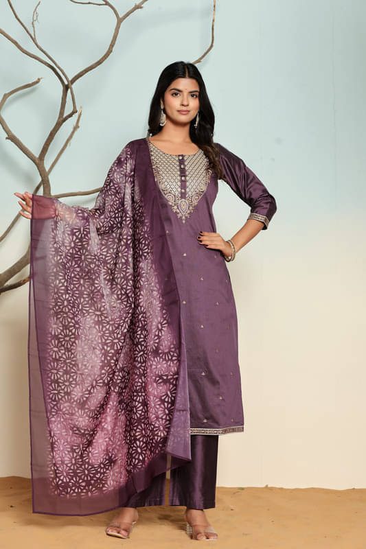     			SUAAC Women Silk Blend Embellished Straight Kurti With Palazzo ( Purple )
