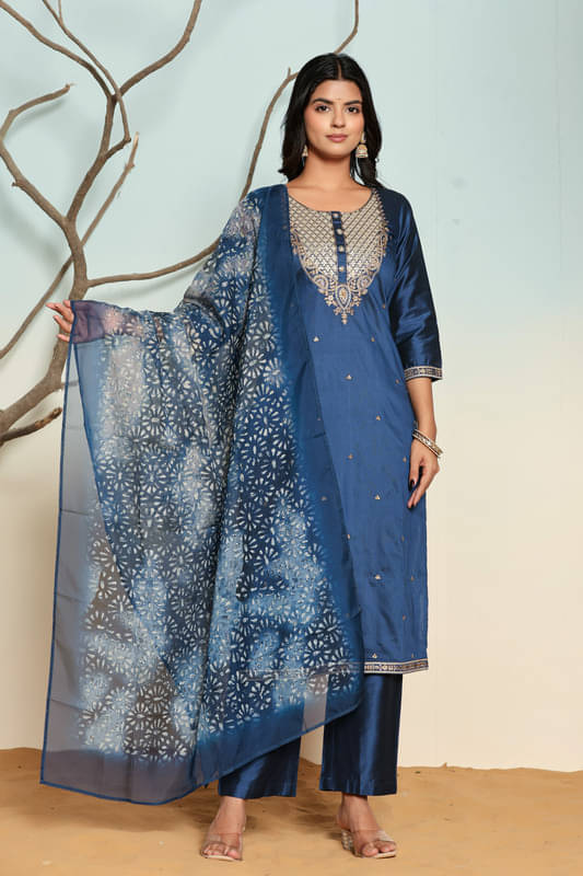     			SUAAC Women Silk Blend Embellished Straight Kurti With Palazzo ( Blue )