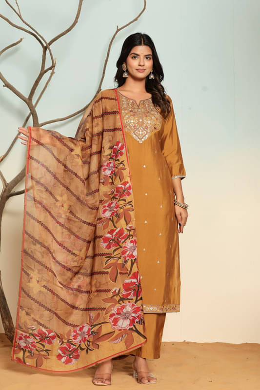    			SUAAC Women Silk Blend Embellished Straight Kurti With Palazzo ( Yellow )