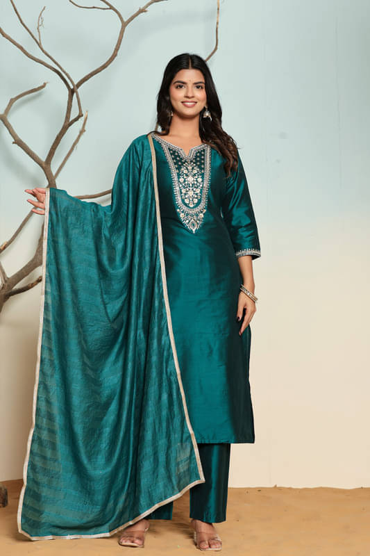     			SUAAC Women Silk Blend Embroidered Straight Kurti With Palazzo ( Green )