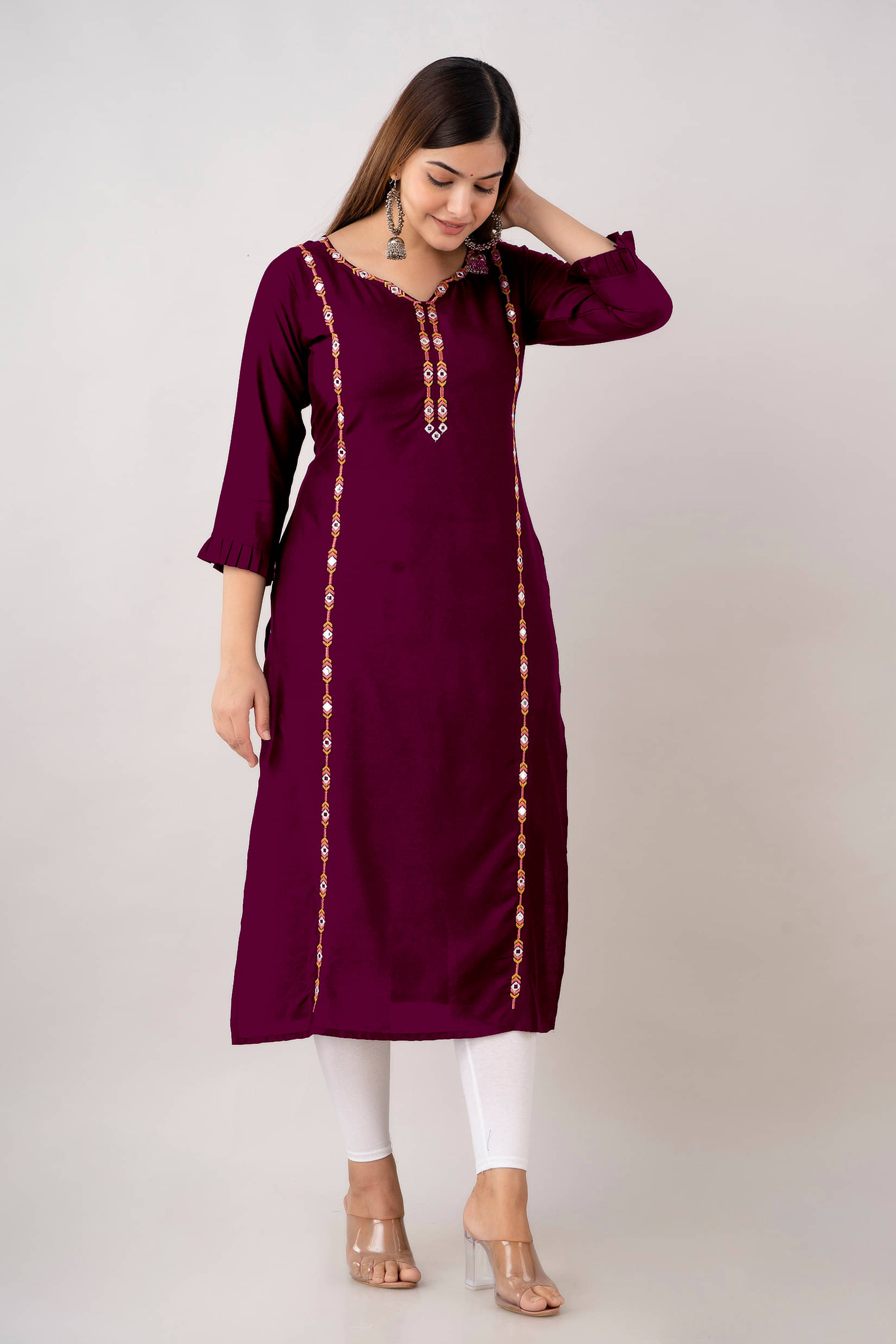 Udati Kaliya Women's Rayon Embroidered Straight Kurti - ( Wine ) Udati Kaliya Women's Rayon Embroidered Straight Kurti - ( Wine )