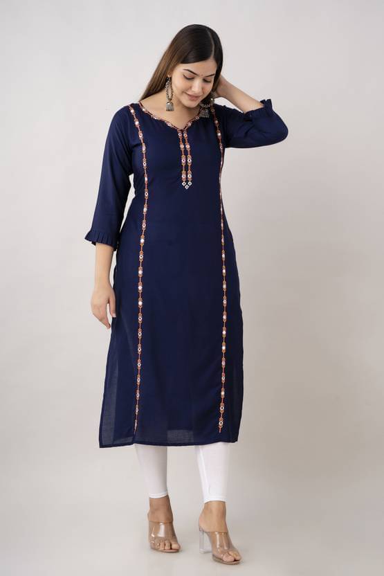 Udati Kaliya Women's Rayon Embroidered Straight Kurti - ( Navy Blue )     			Udati Kaliya Women's Rayon Embroidered Straight Kurti - ( Navy Blue )