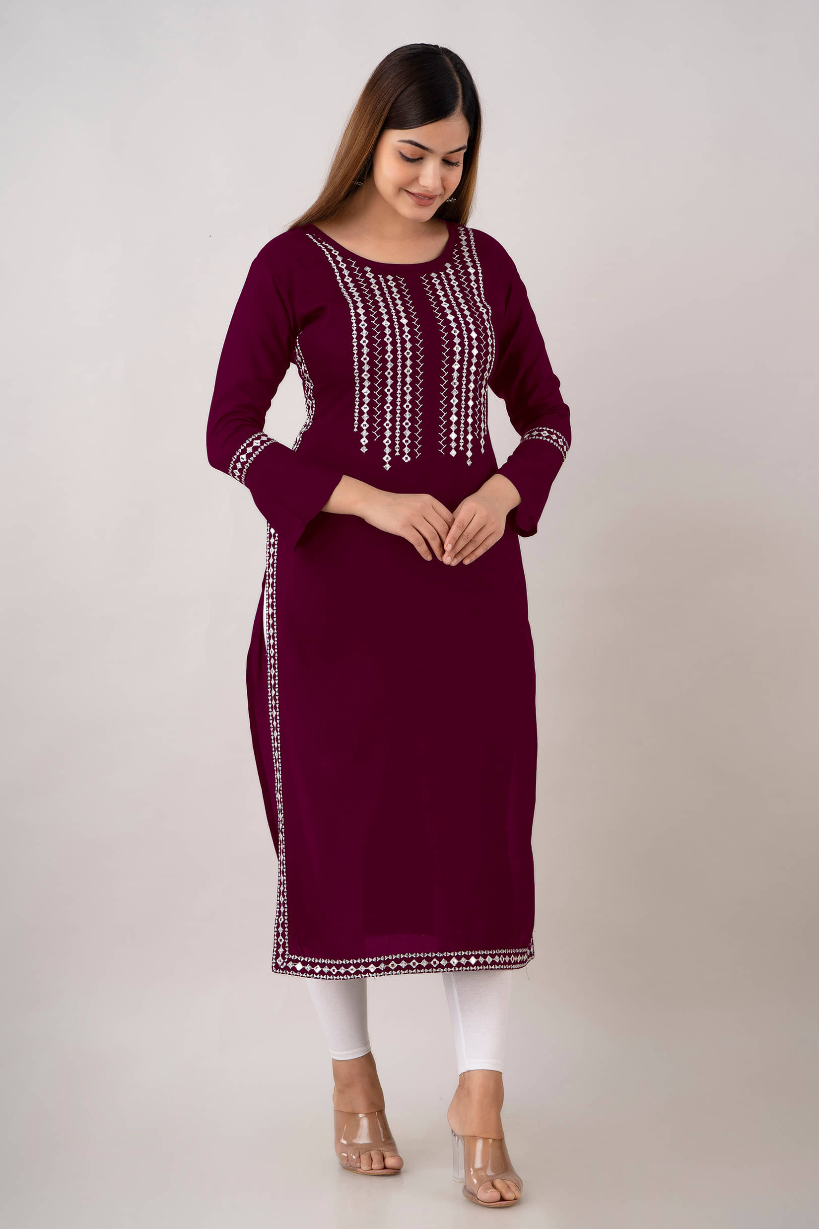     			Udati Kaliya Women's Rayon Embroidered Straight Kurti - ( Wine )