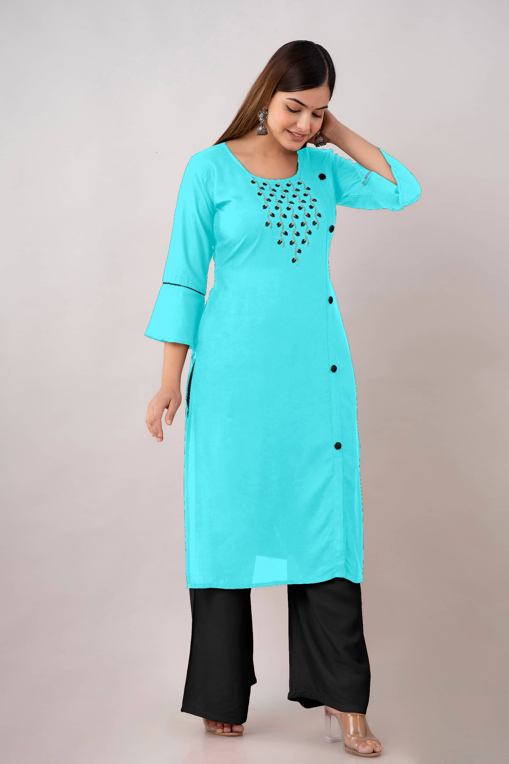     			Udati Kaliya Women's Rayon Embroidered Straight Kurti - ( Turquoise )