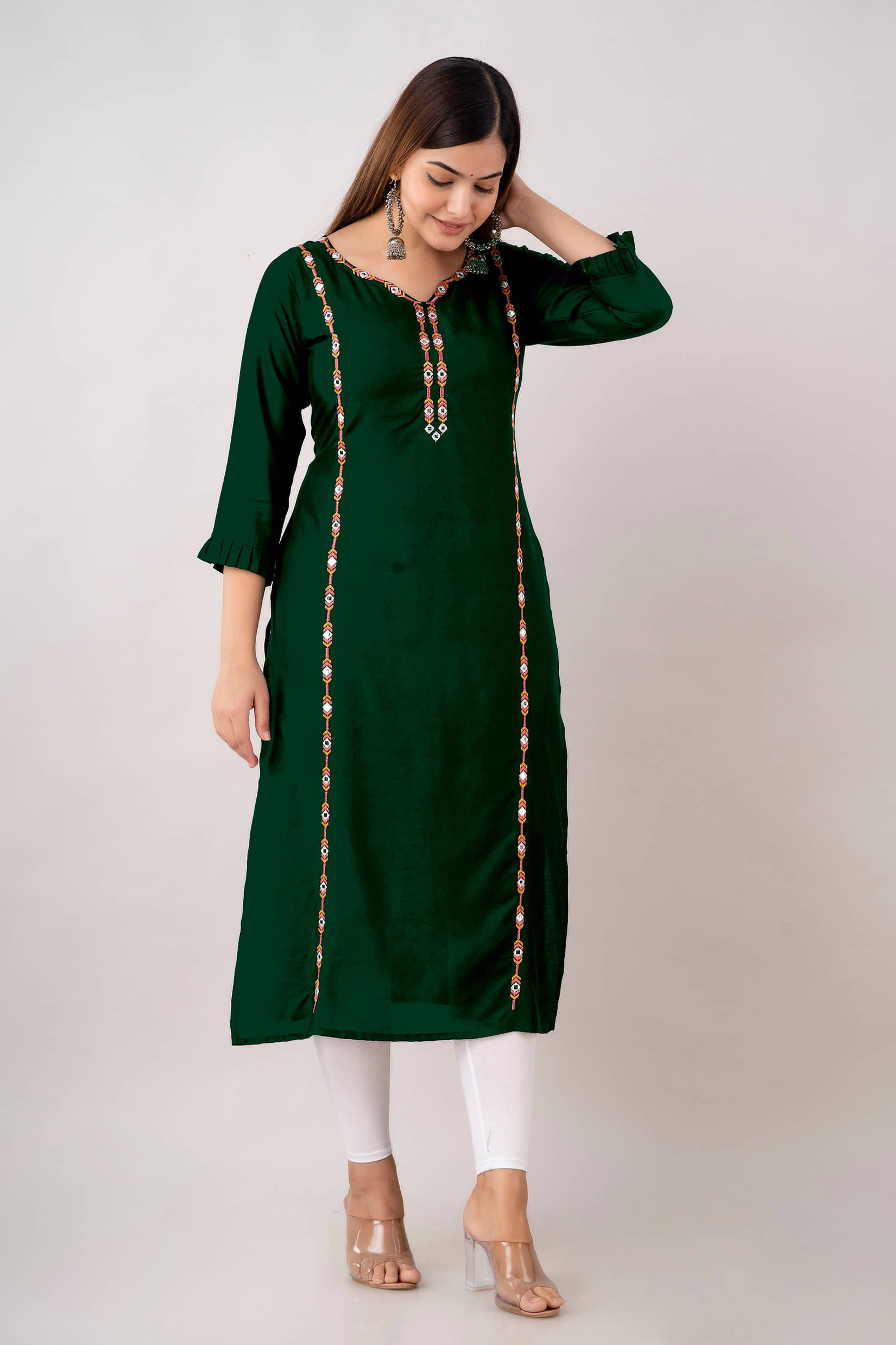     			Udati Kaliya Women's Rayon Embroidered Straight Kurti - ( Dark Green )