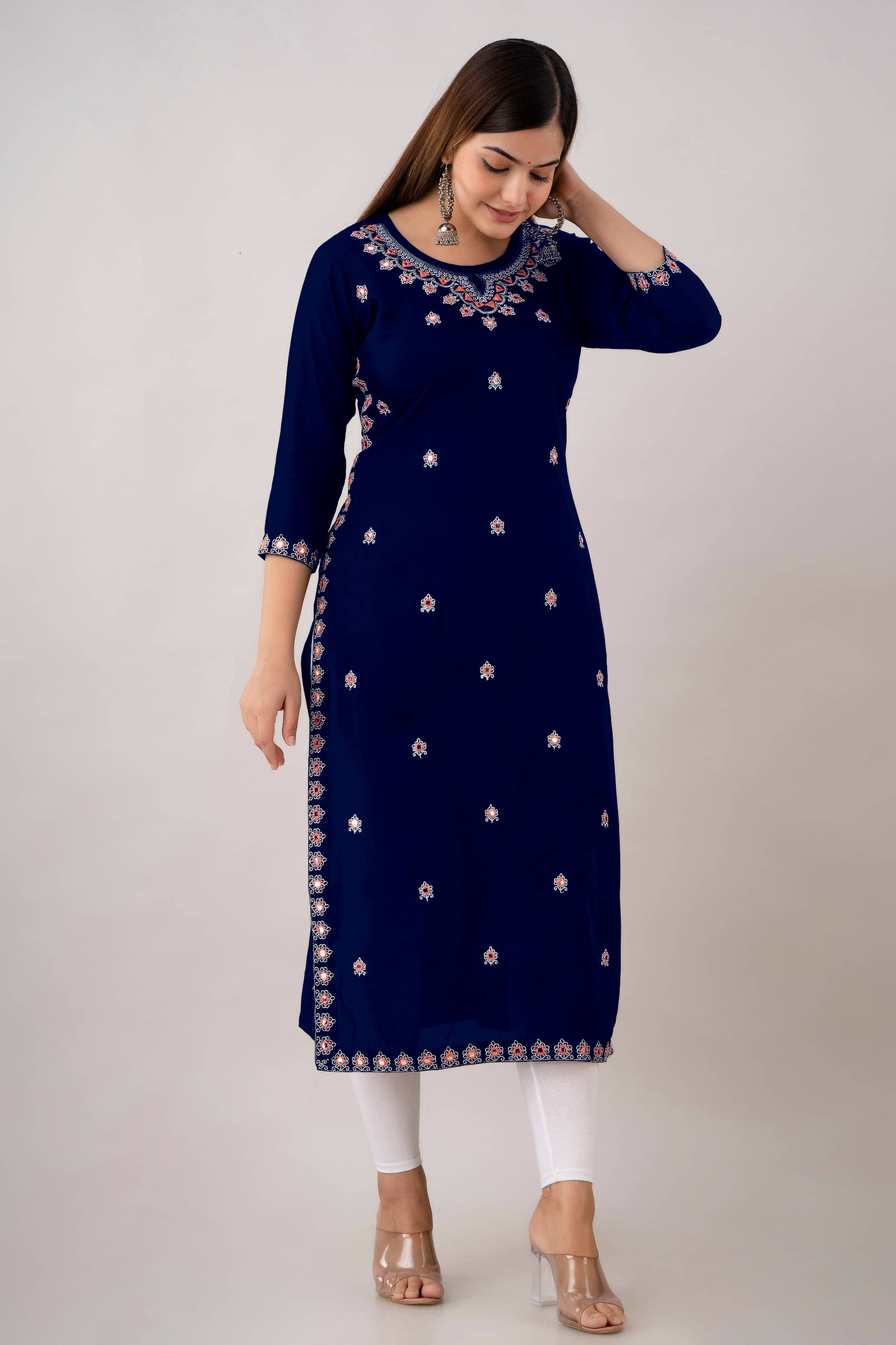 Udati Kaliya Women's Rayon Embroidered Straight Kurti - ( Navy Blue )     			Udati Kaliya Women's Rayon Embroidered Straight Kurti - ( Navy Blue )