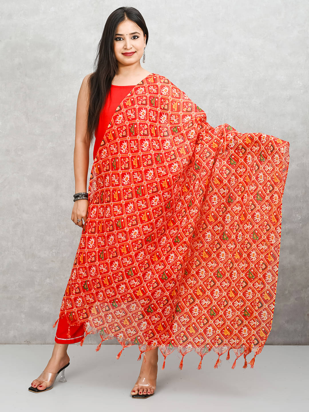     			Anjaneya Creations Red Cotton Blend Women's Dupatta - ( Pack of 1 )
