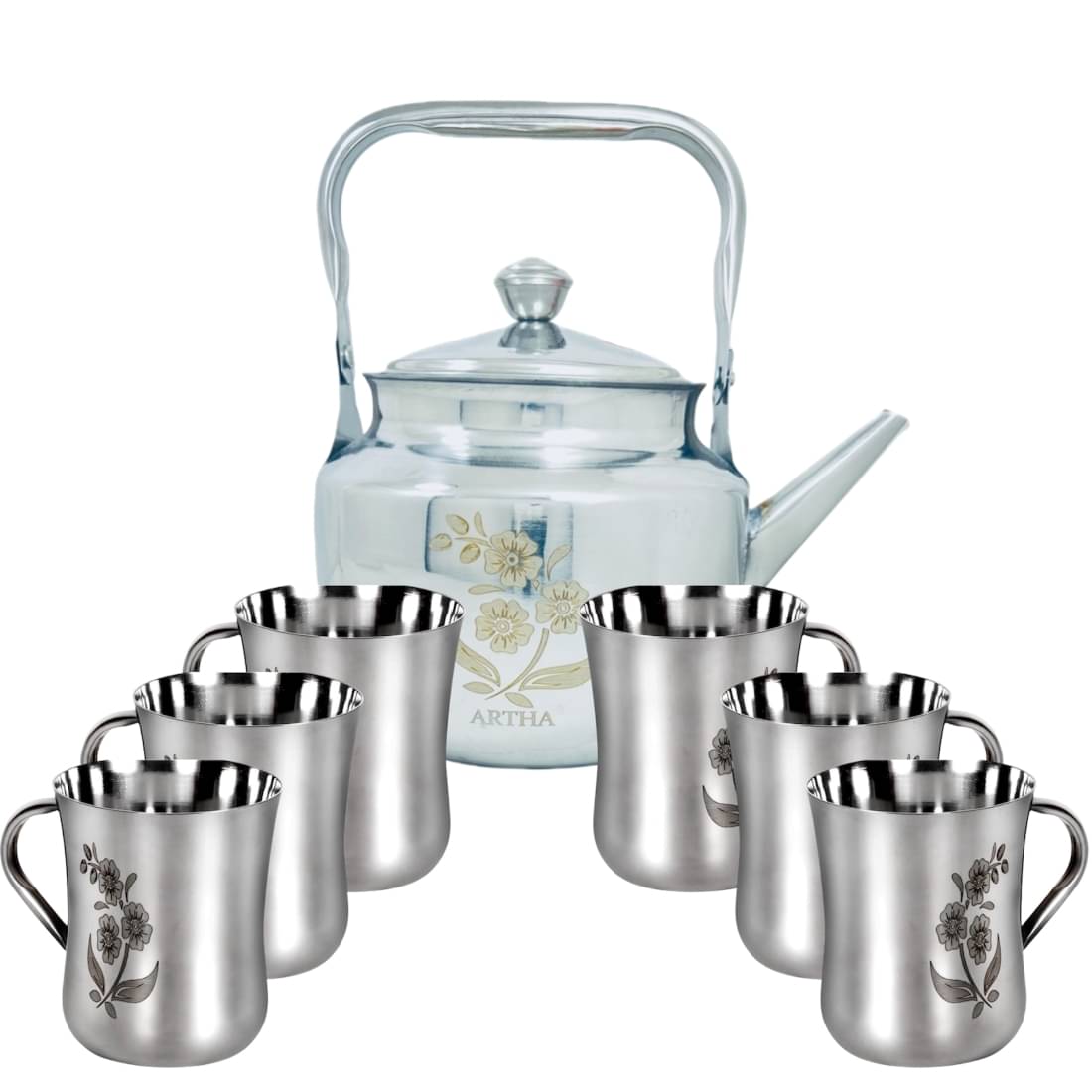     			Artha Kettle Cup Set Printed Stainless Steel Tea Set 190 ml ( Pack of 7 )