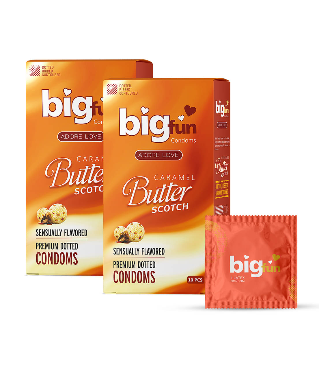 Bigfun Caramel Butter Scotch Flavoured Condoms Dotted, Ribbed & Contoured Long Lasting For Men (2 x 10pcs) Bigfun Caramel Butter Scotch Flavoured Condoms Dotted, Ribbed & Contoured Long Lasting For Men (2 x 10pcs)
