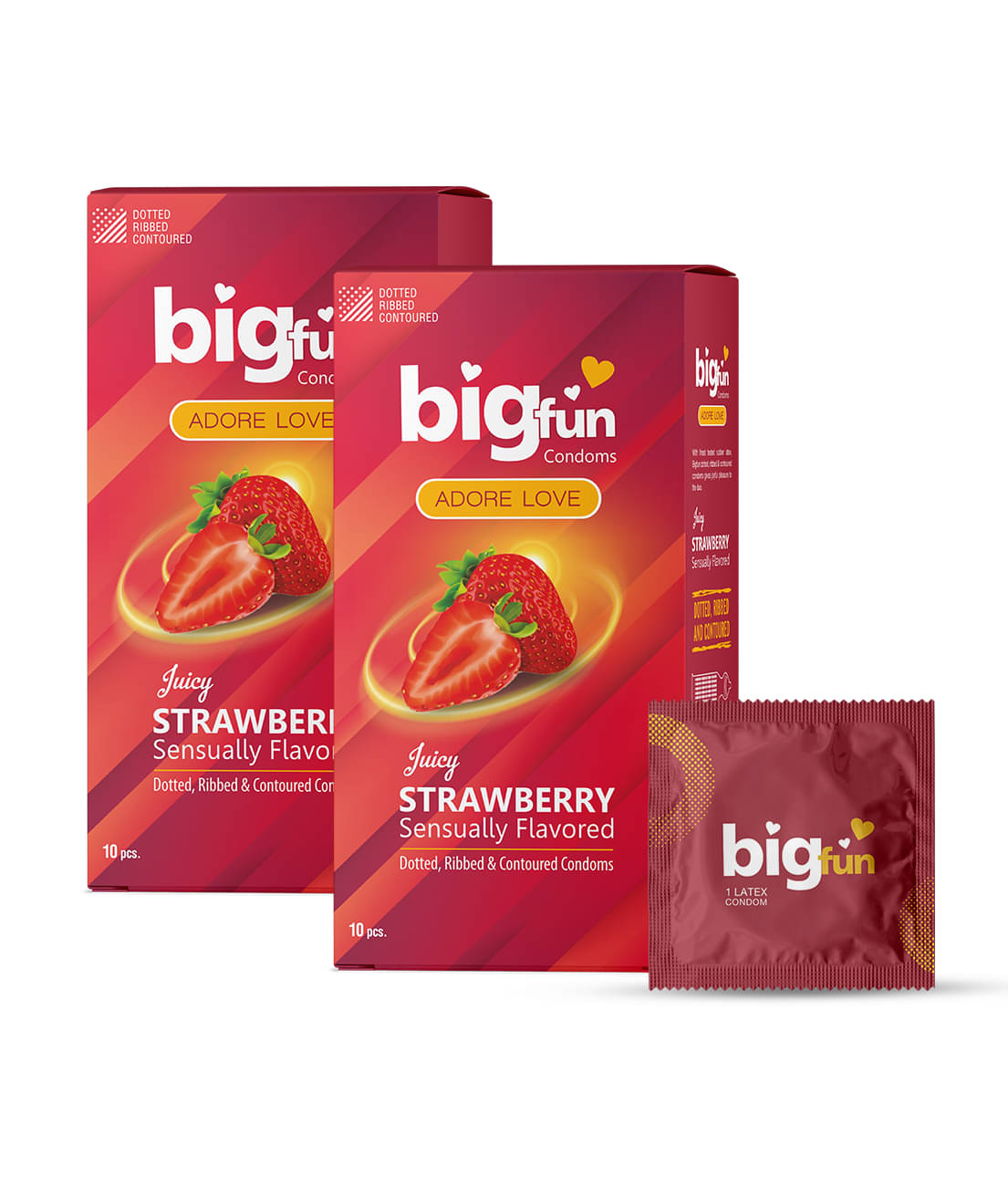 Bigfun Juicy Strawberry Flavoured Dotted, Ribbed & Contoured Long Last Condoms For Men (2 x 10pcs)     			Bigfun Juicy Strawberry Flavoured Dotted, Ribbed & Contoured Long Last Condoms For Men (2 x 10pcs)