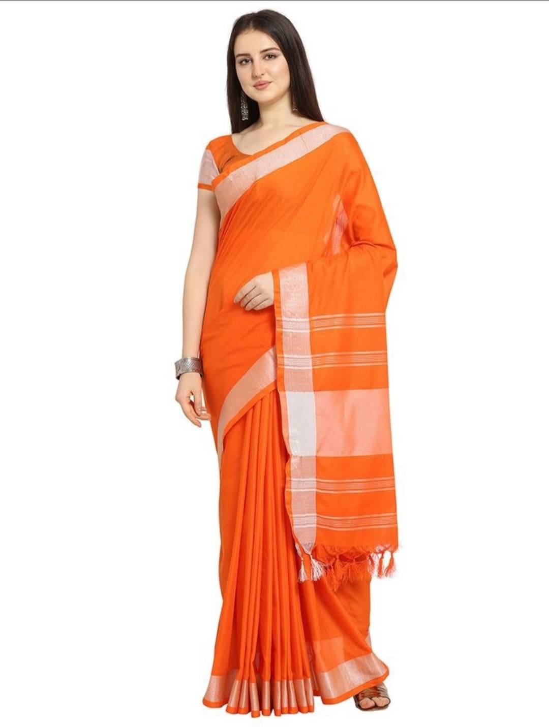     			CLOTH9 Linen Dyed Saree With Unstitched Blouse Piece ( Orange )