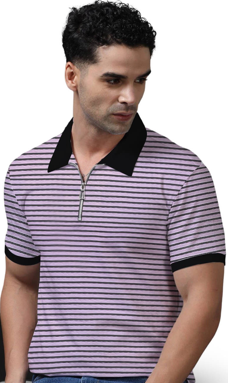 CONWAY Pack of 1 Cotton Blend Regular Fit Striped Half Sleeves Men's Polo T Shirt ( Purple ) CONWAY Pack of 1 Cotton Blend Regular Fit Striped Half Sleeves Men's Polo T Shirt ( Purple )