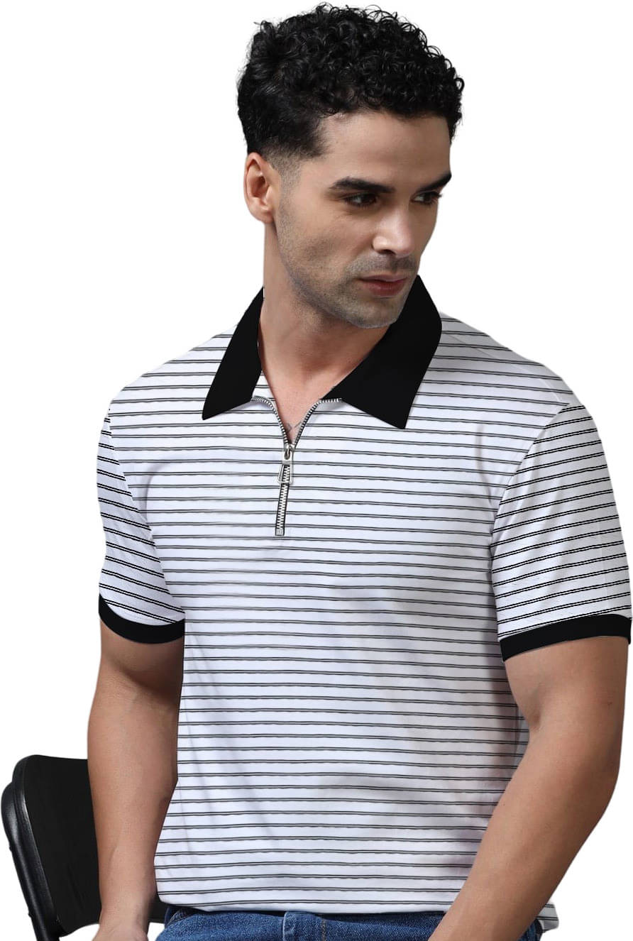     			CONWAY Pack of 1 Cotton Blend Regular Fit Striped Half Sleeves Men's Polo T Shirt ( White )