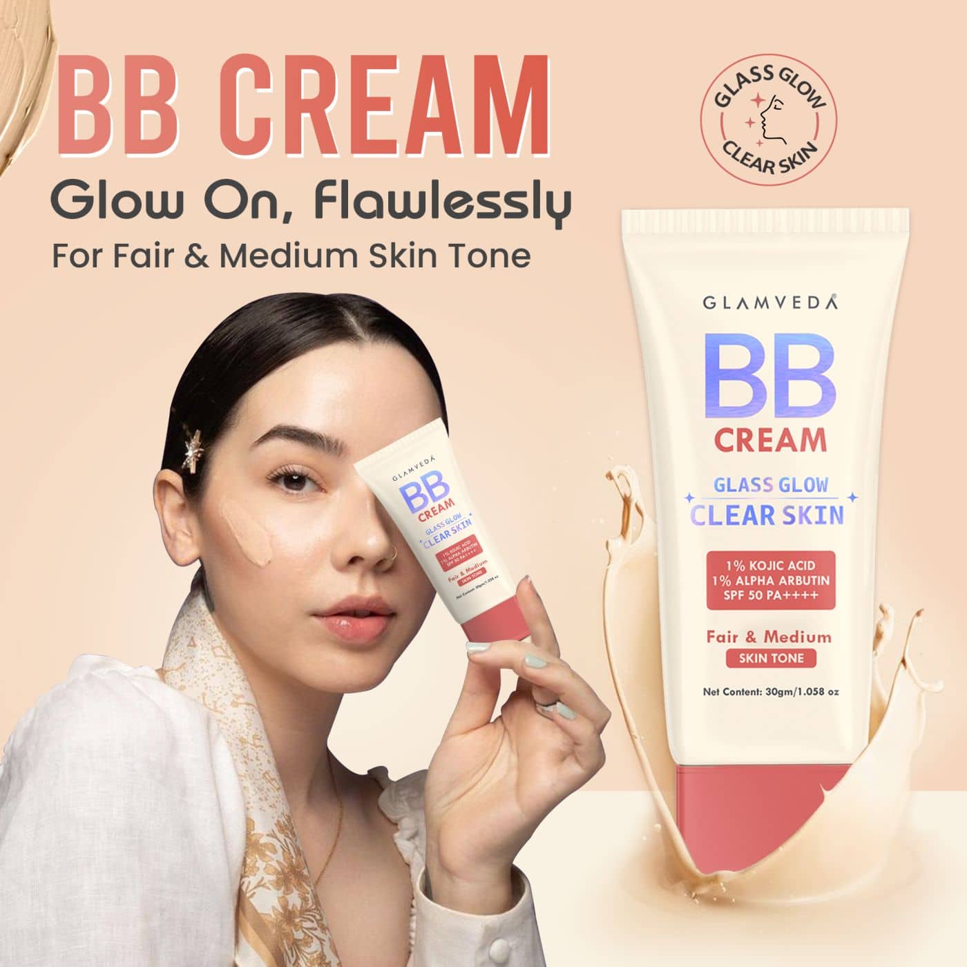 Glamveda Bb Cream With Spf 50++++ Cream Lightweight, Non-Sticky & Waterproof, 30g