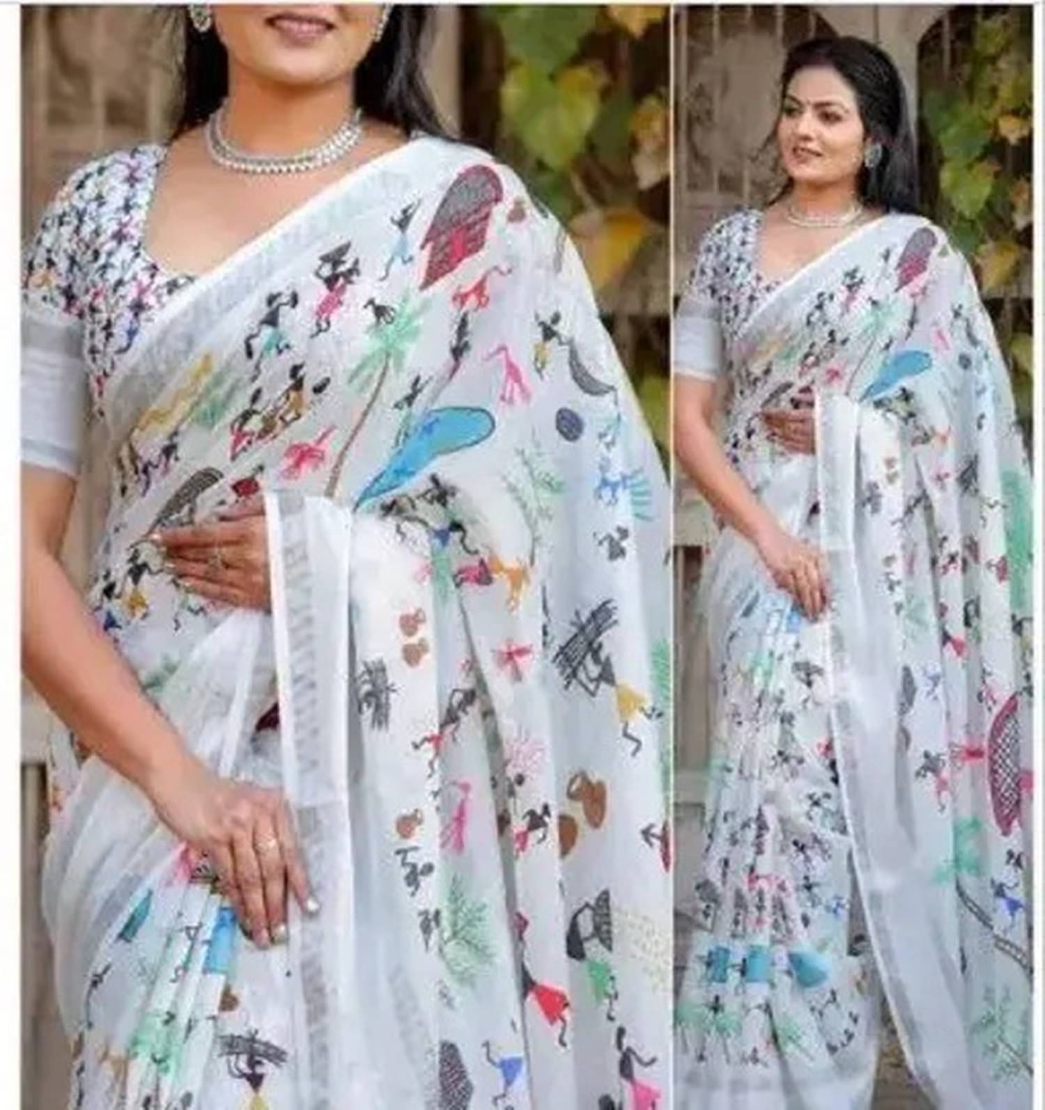 Grubstaker Linen Printed Saree With Unstitched Blouse Piece ( Multicolor 10 ) Grubstaker Linen Printed Saree With Unstitched Blouse Piece ( Multicolor 10 )