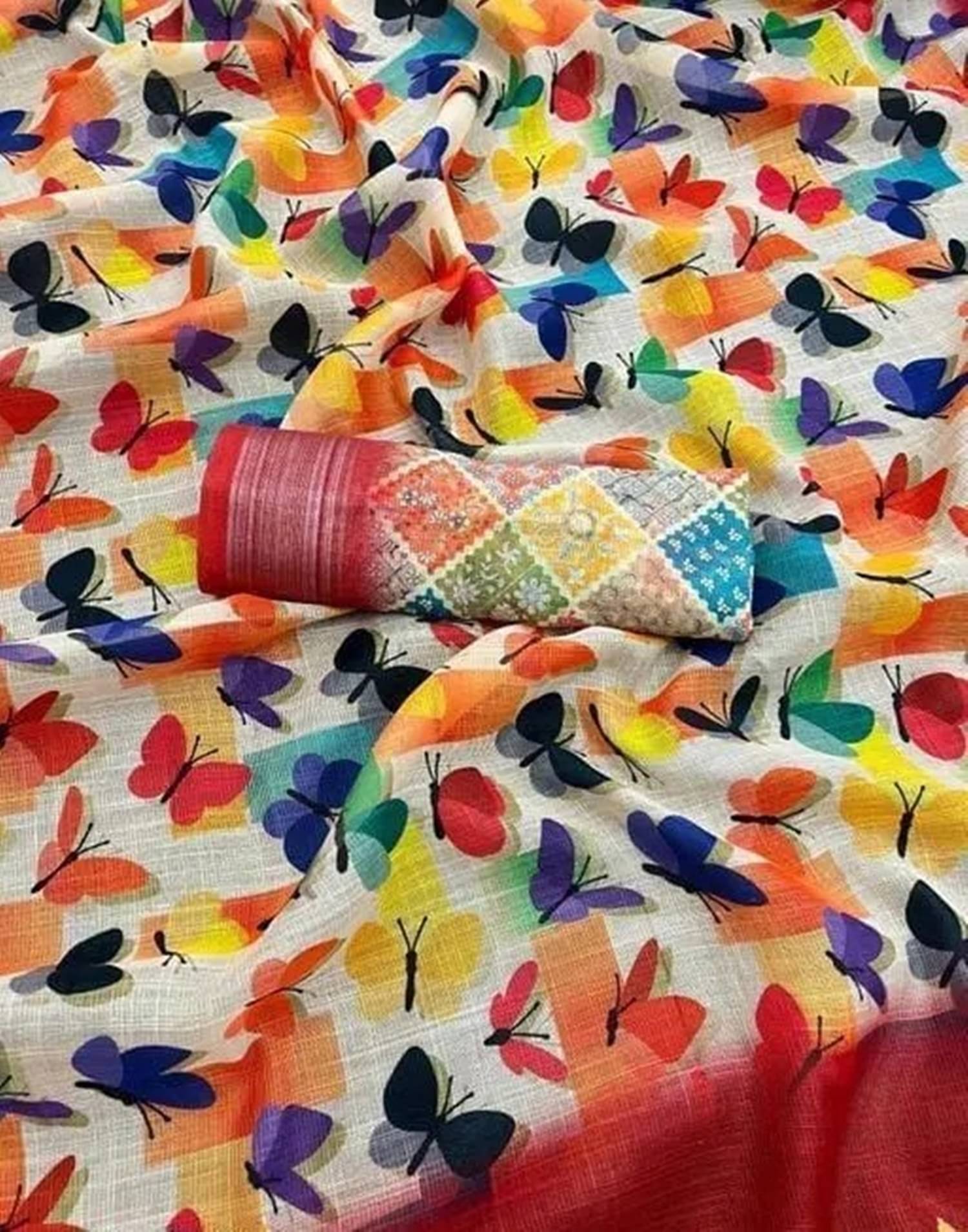 Grubstaker Linen Printed Saree With Unstitched Blouse Piece ( Multicolor 3 ) Grubstaker Linen Printed Saree With Unstitched Blouse Piece ( Multicolor 3 )